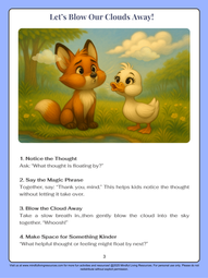 Finn the Fox and Delaney the Duck sitting together, blowing soft thought clouds into the air.