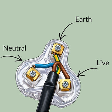 Electrical plug showing the Neutral, Live and Earth wires.