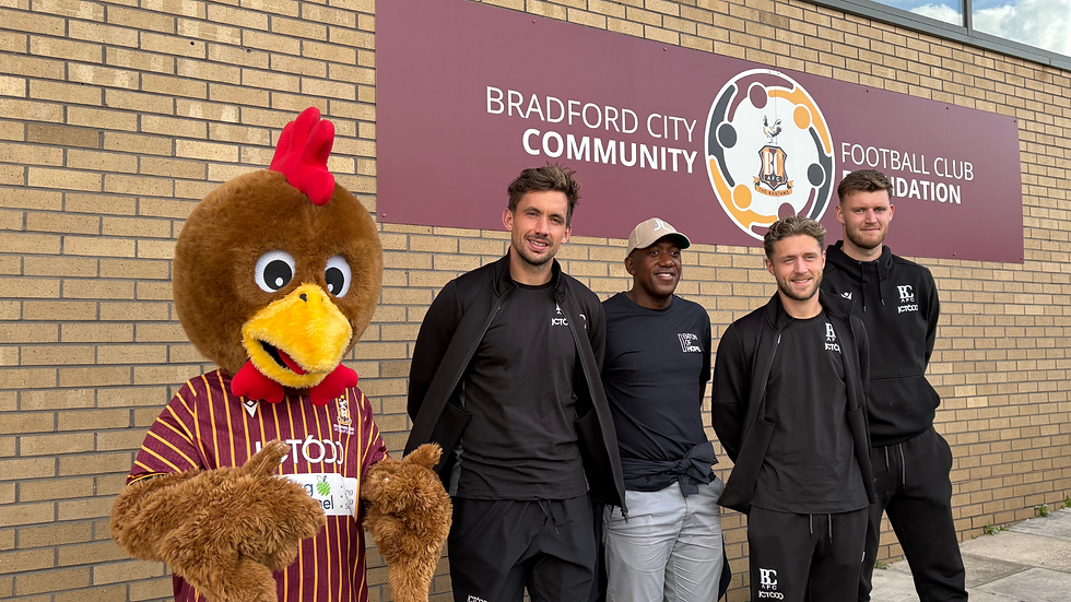 City stars Sam Walker, Will Swan and Joe Hilton welcomed the Baton of Hope team to Valley Parade.