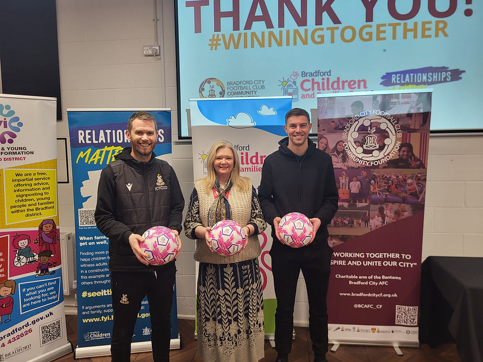 (L-R) Foundation Director of Sport Craig Farrand, BCFT's Assistant Director for Early Help & Transformation Susan Claydon, and BCAFC star Paul Huntington attended the campaign launch at the City Hub.