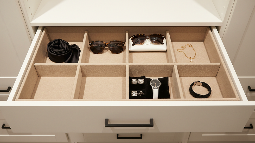 Close-up view of a closet drawer with organized compartments for accessories