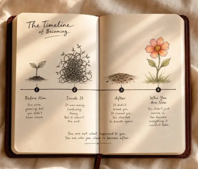 Timeline: sprout, tangled mess, dirt, then a flower, for Who I Am Now