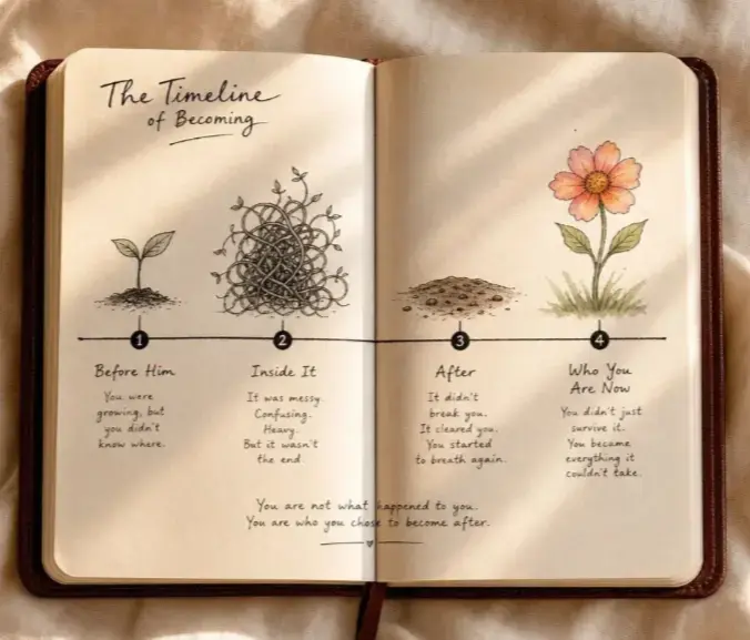 Timeline: sprout, tangled mess, dirt, then a flower, for Who I Am Now