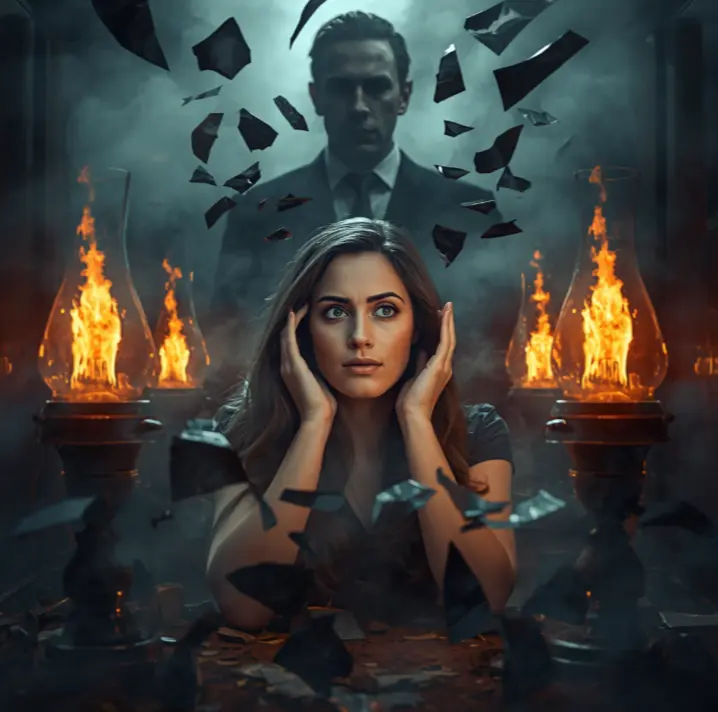 Woman covers ears as man looms, broken glass, gaslighting