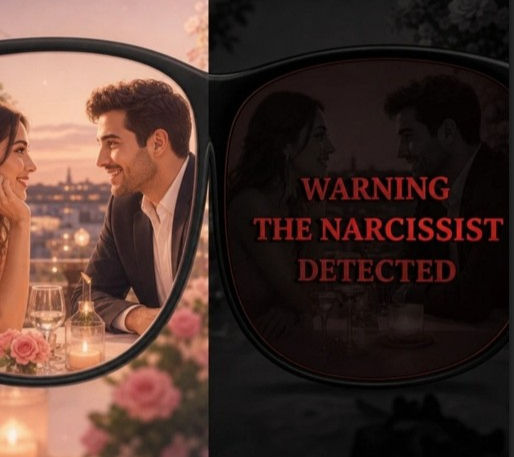 Glasses show a date through one lens, 'NARCISSIST DETECTED' through other