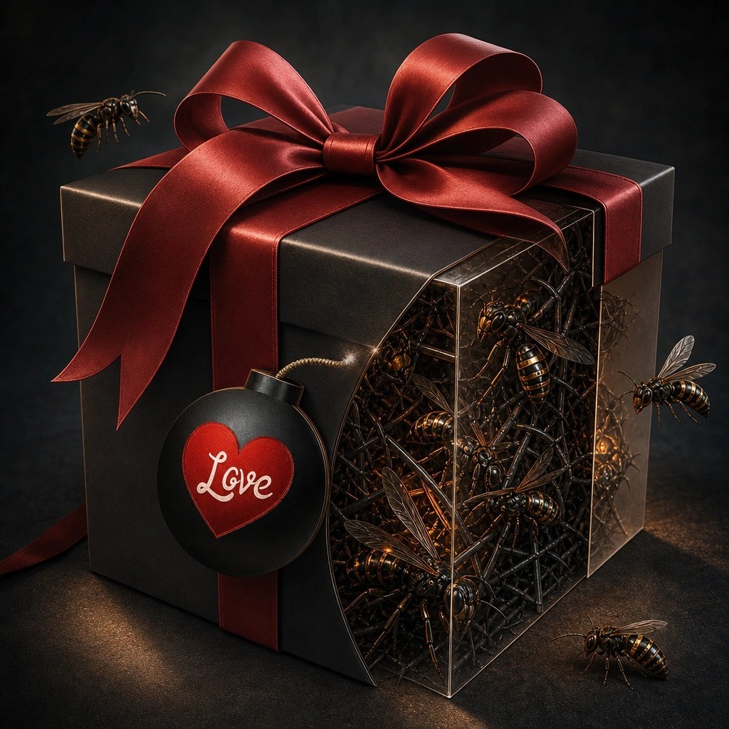Gift box with 'Love' bomb, wasps inside, illustrating love bombing.