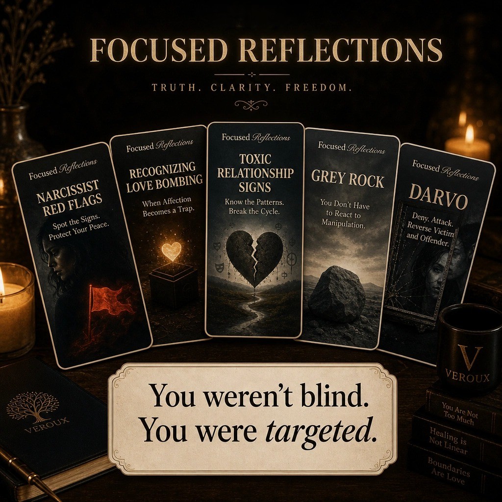 Focused Reflections cards on pattern recognition: 'You weren't blind. You were targeted.'