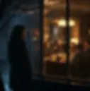 Lonely person watching happy family dinner through rainy window
