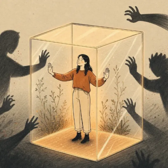 Woman in clear box, shadowy figures reaching, setting boundaries