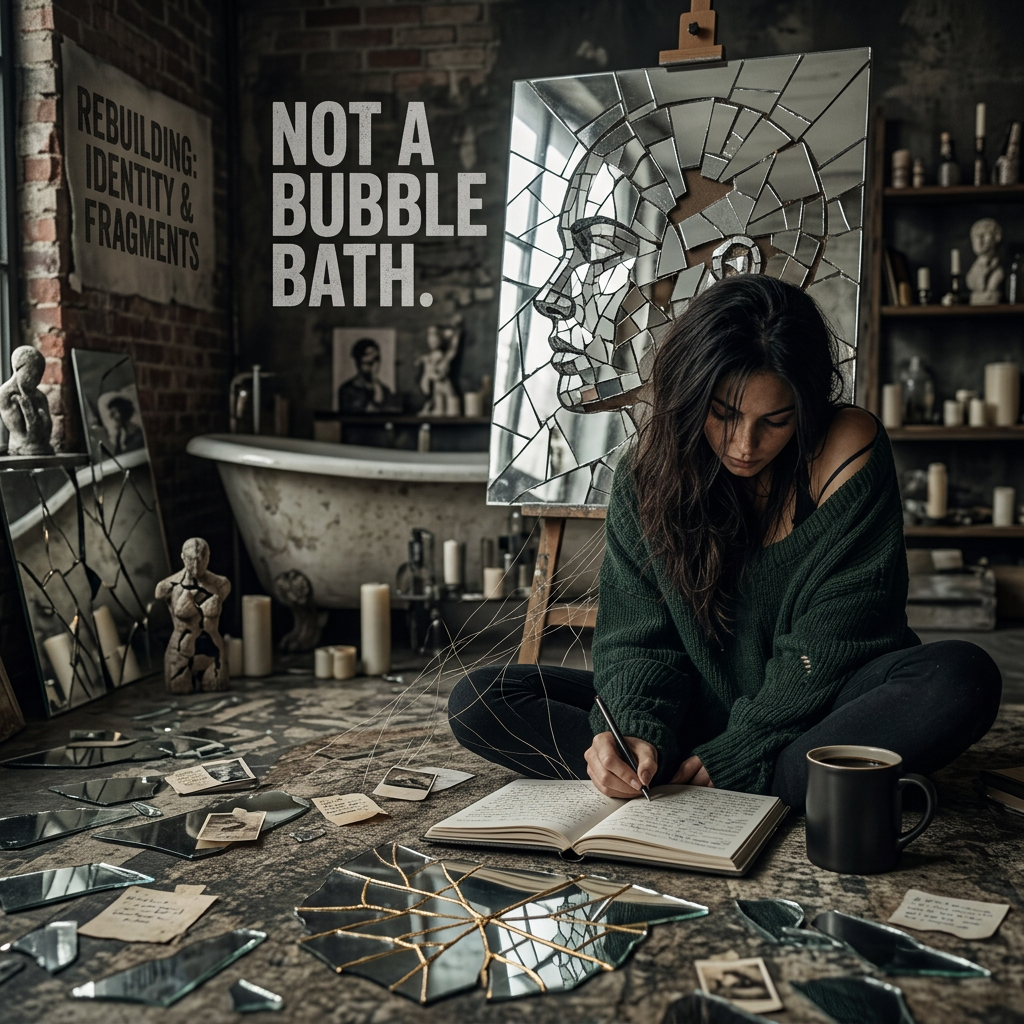 Woman journaling amidst broken mirrors, with text REBUILDING IDENTITY & FRAGMENTS, NOT A BUBBLE BATH, for self care after abuse.