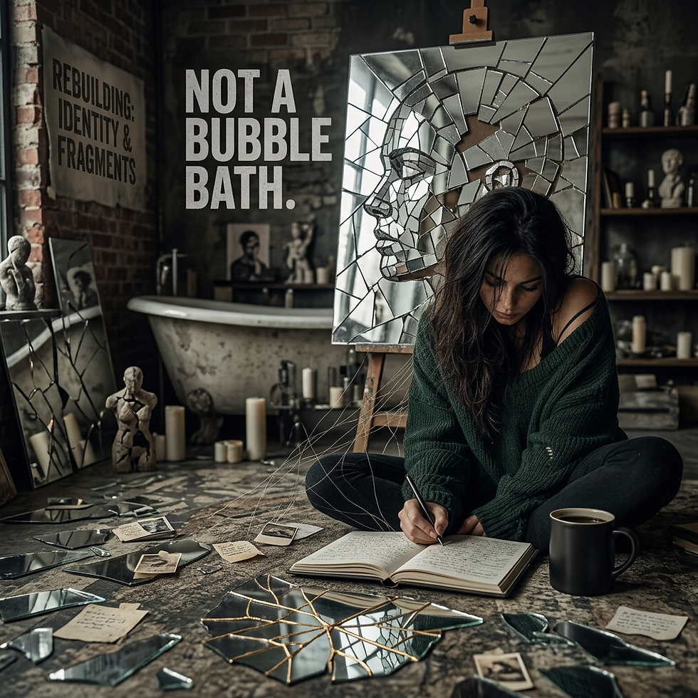 Woman journaling amidst broken mirrors, with text REBUILDING IDENTITY & FRAGMENTS, NOT A BUBBLE BATH, for self care after abuse.