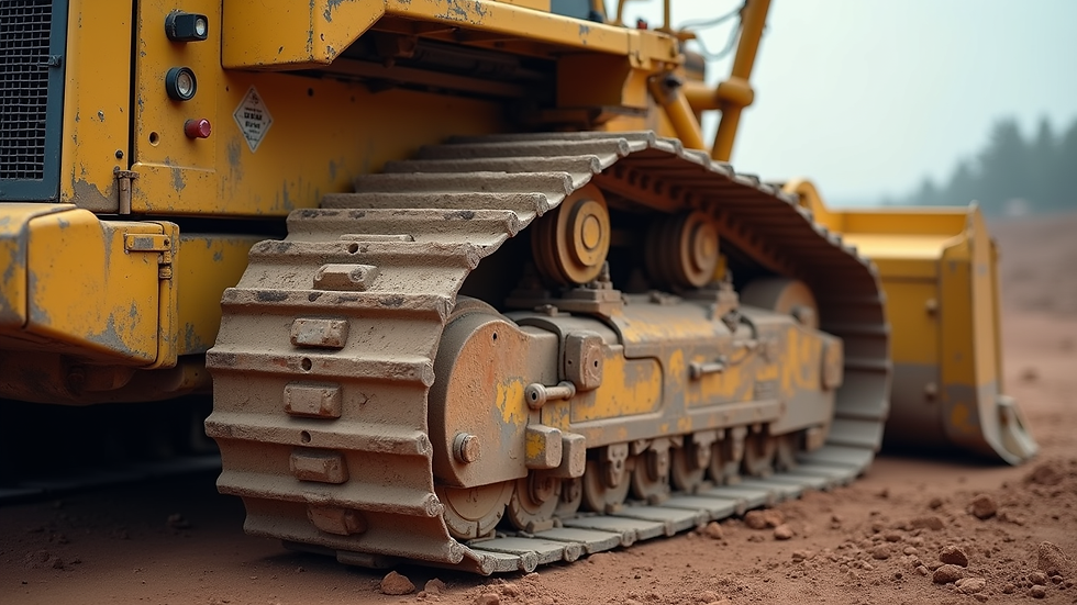 Close-up view of a heavy-duty bulldozer tracked on rough terrain