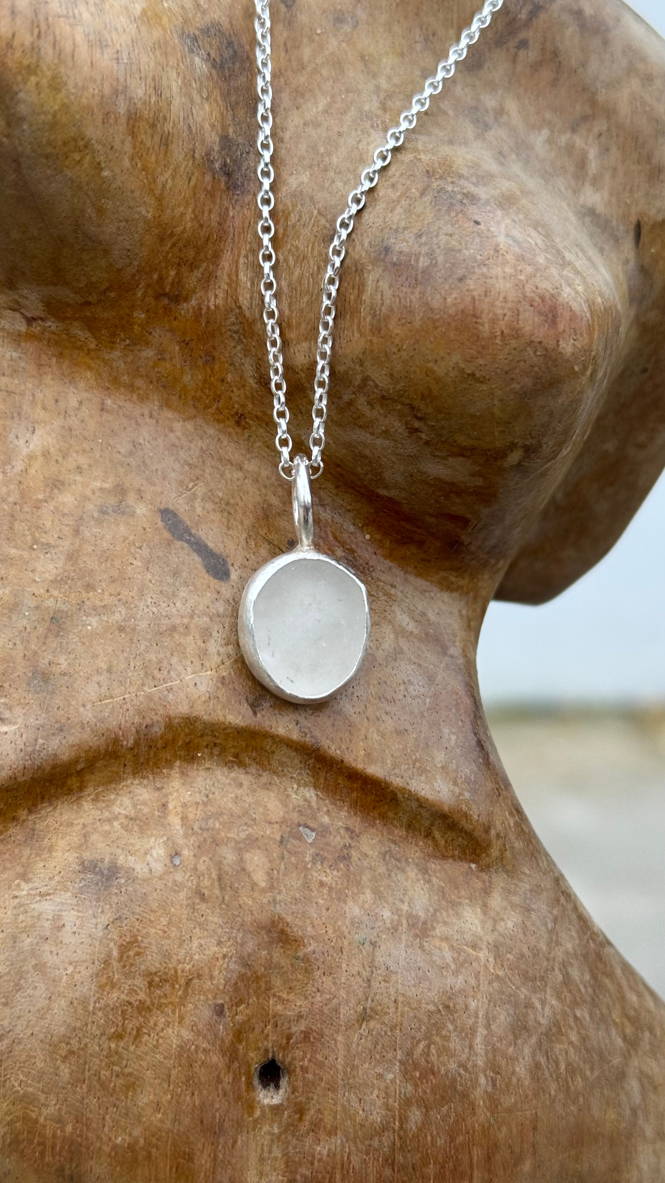 White Sea Glass and Recycled Sterling Silver pendant