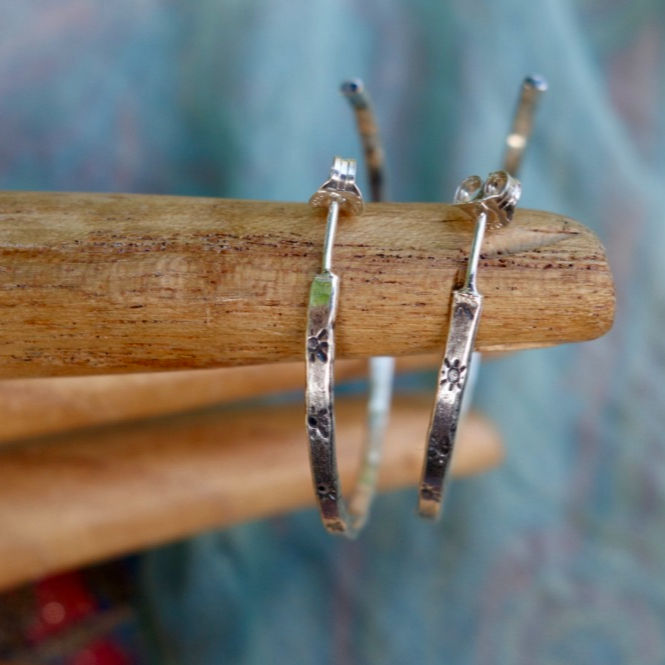 Thumbnail: Sun stamped recycled sterling silver hoops