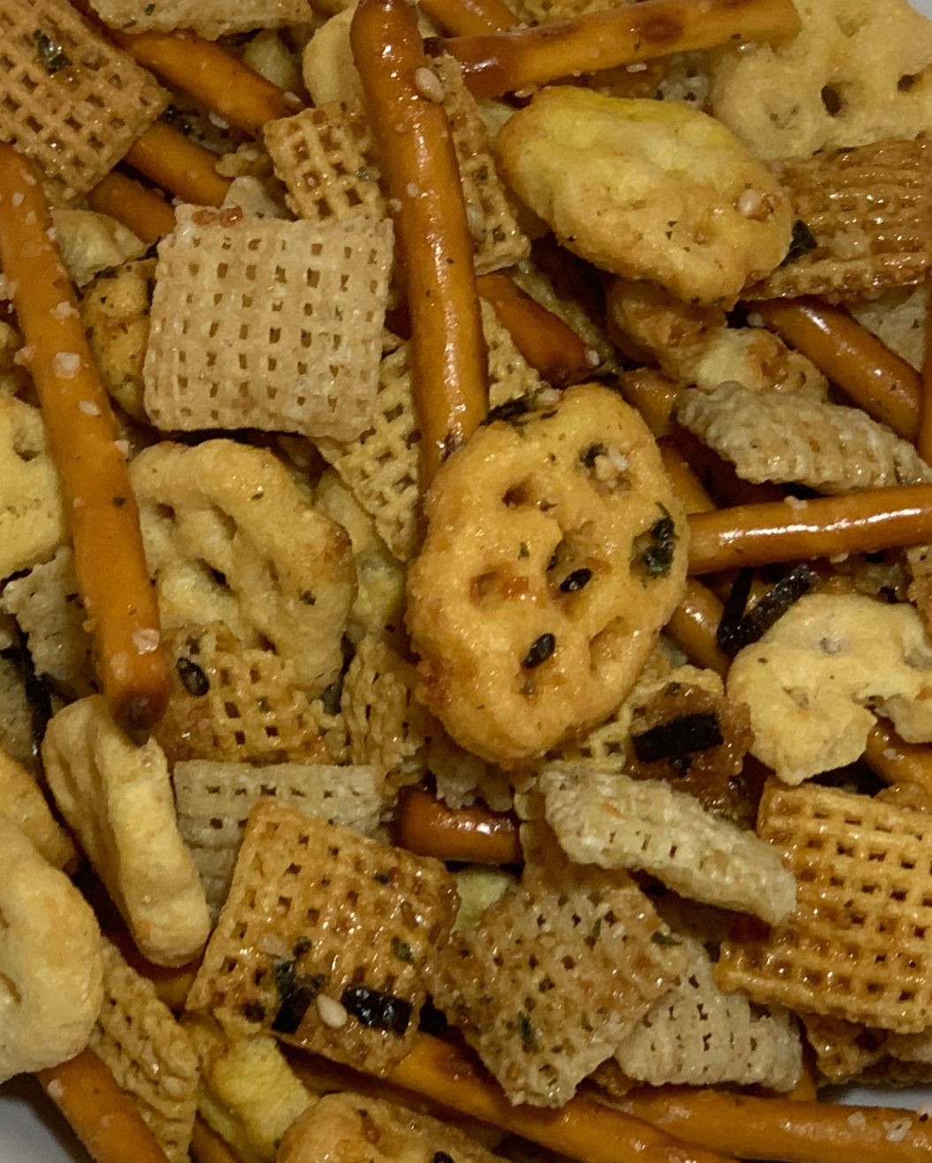 Close-up of a mix of snack foods, including pretzels Snacks Galore Hawaii.