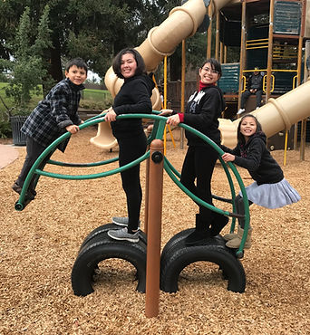 Two children and two teenagers standing on seesaw