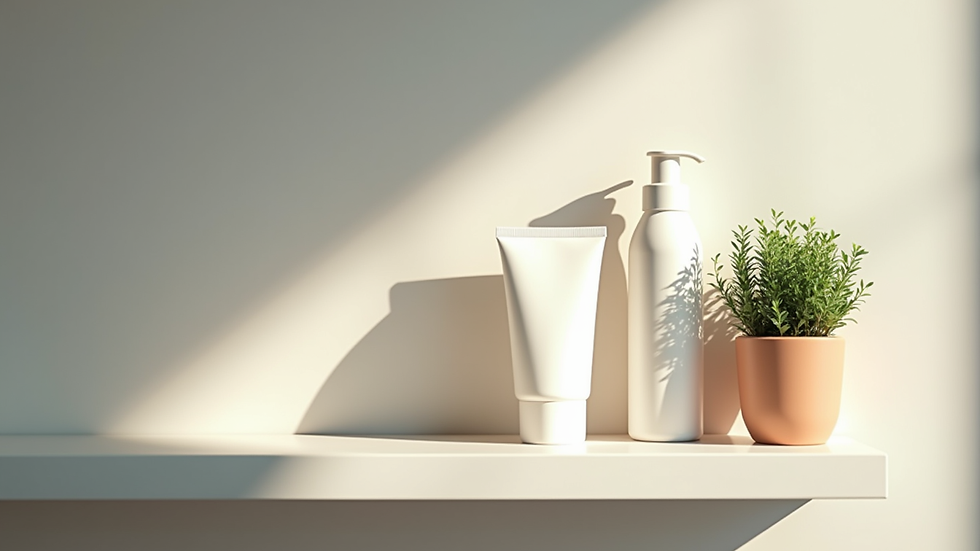 Eye-level view of a bathroom shelf with skincare products and a small plant