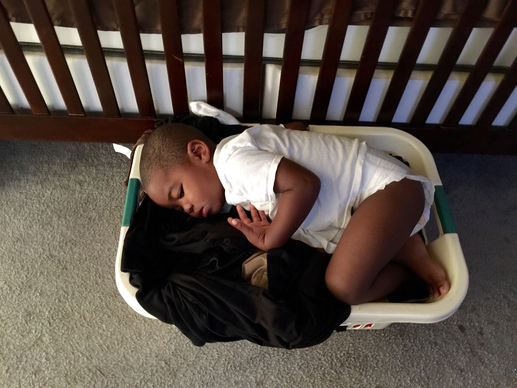 Snuggling on warm laundry.