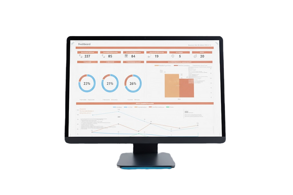Monitor exibindo um painel de controle com gráficos de desempenho, métricas e indicadores visuais que representam análise de dados e resultados de performance.