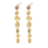 Gold dangling earrings featuring colorful gemstones with a minimalist white background.