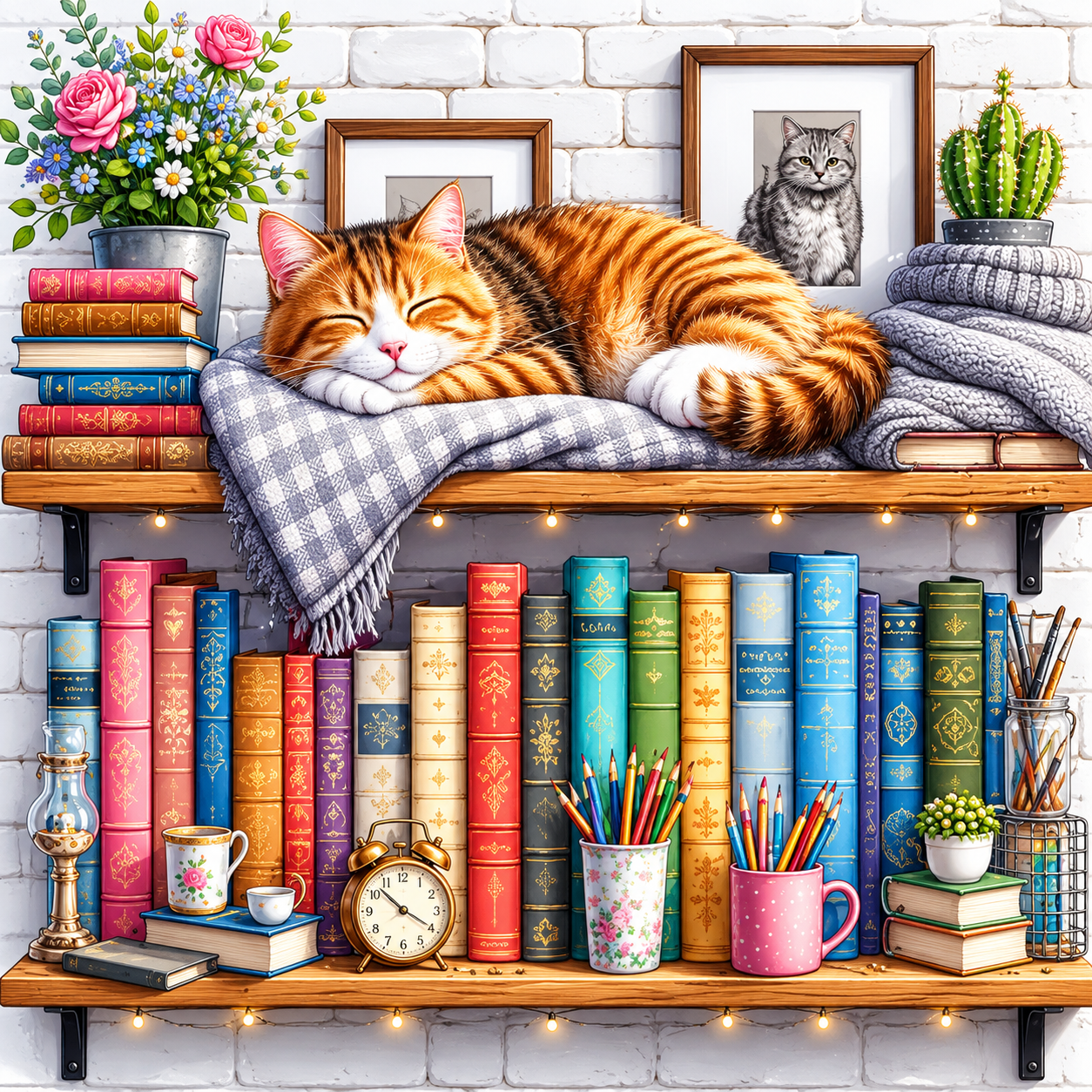 Kat op een boekenplank