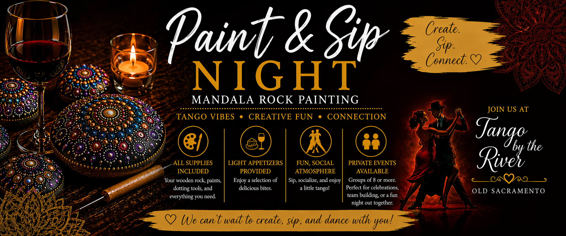 Paint & Sip Night Sacramento - mandala rock painting with tango vibes