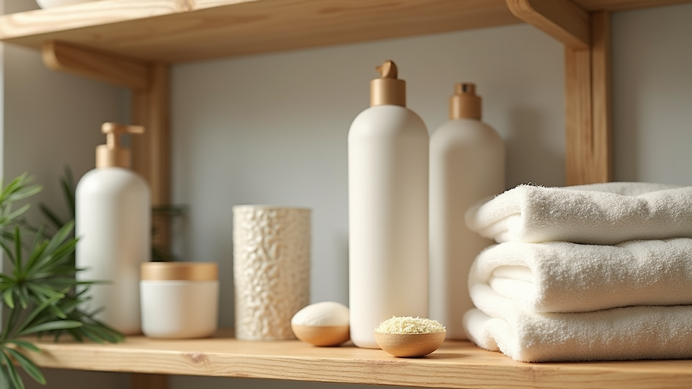 Close-up of eco-friendly cleaning supplies on a wooden shelf