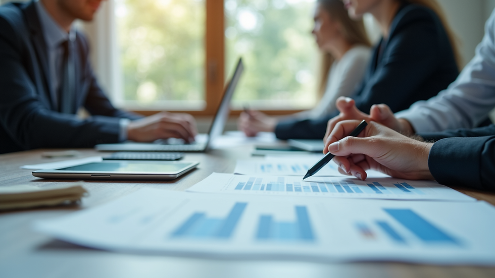 Eye-level view of a business meeting with charts and laptops on the table