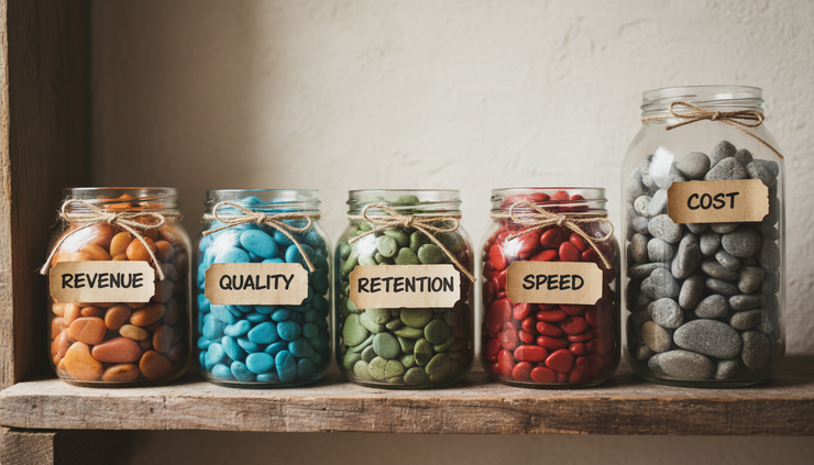 Close-up of handwritten labels tied to glass jars filled with different coloured stones.