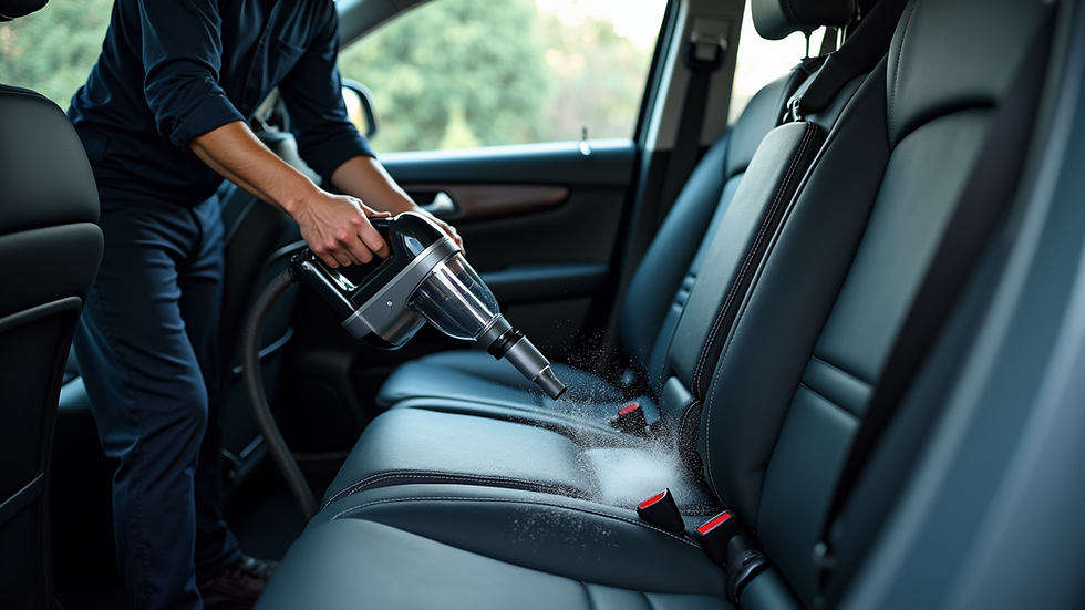 High angle view of a professional cleaning a car's interior with a vacuum cleaner