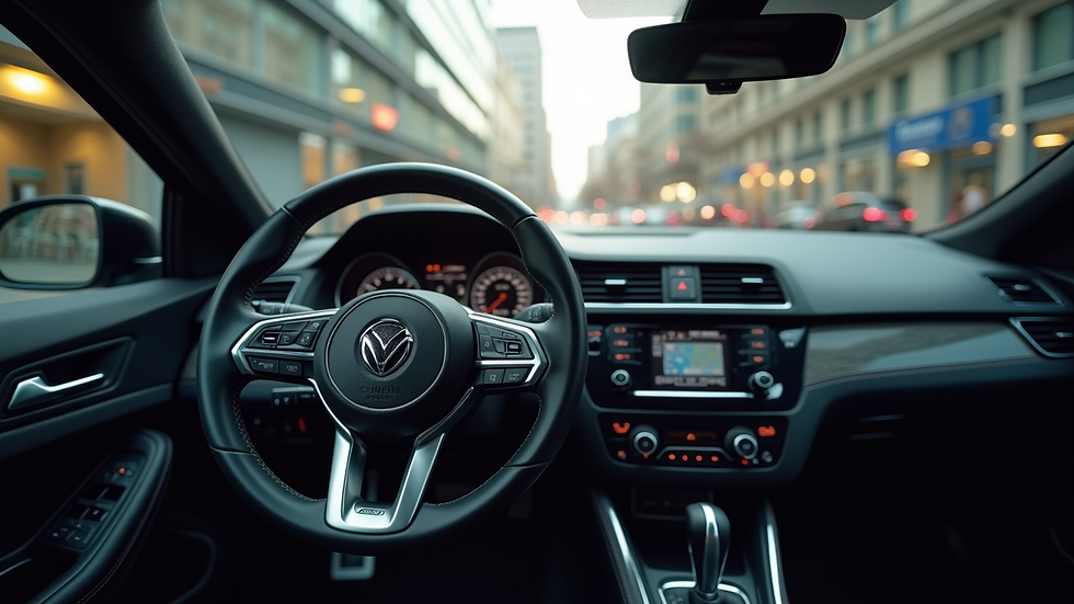 Eye-level view of a clean car interior with detailed dashboard
