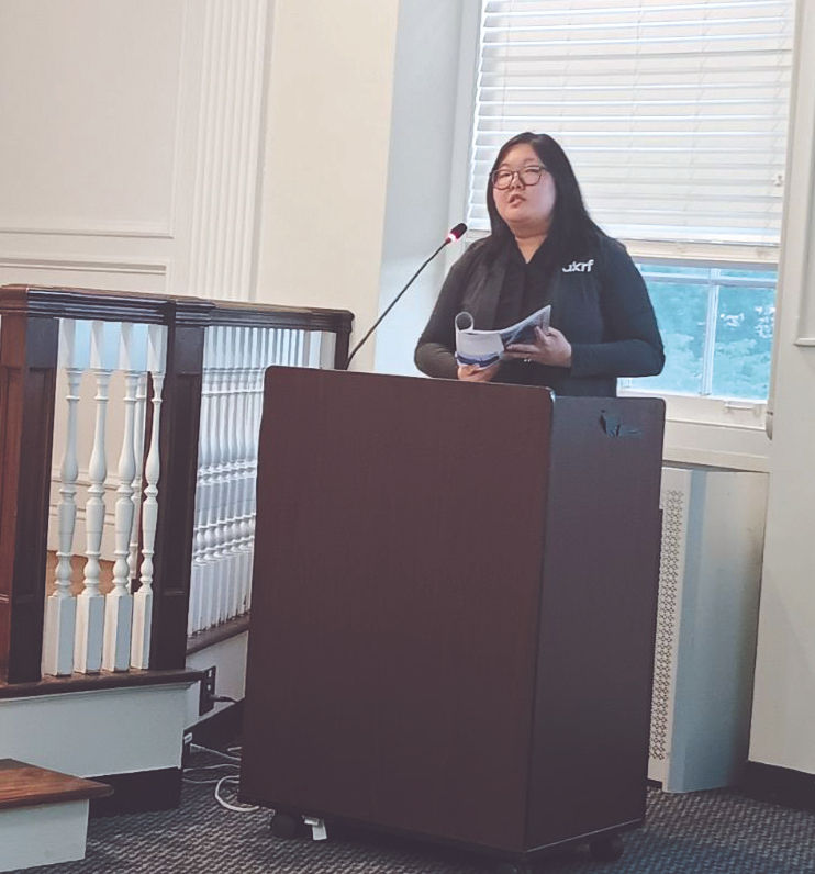 Elaine Du, an engineer for the consulting firm AKRF, outlines potential safety upgrades at key locations in Mount Kisco for pedestrians and drivers at the May 19 Village Board meeting. Martin Wilbur photo