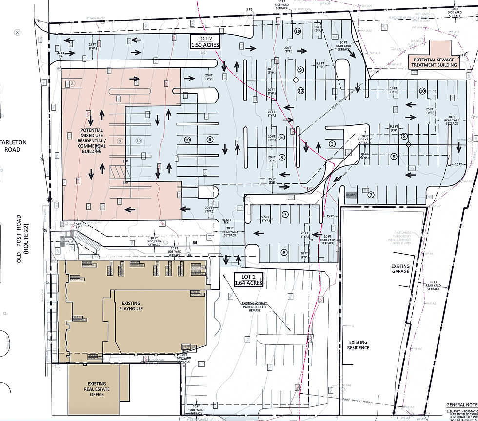 The general plan shows the potential mixed-use building next to the Bedford Playhouse, and the rest of the property, most of which would be used for parking. TOWN OF BEDFORD 