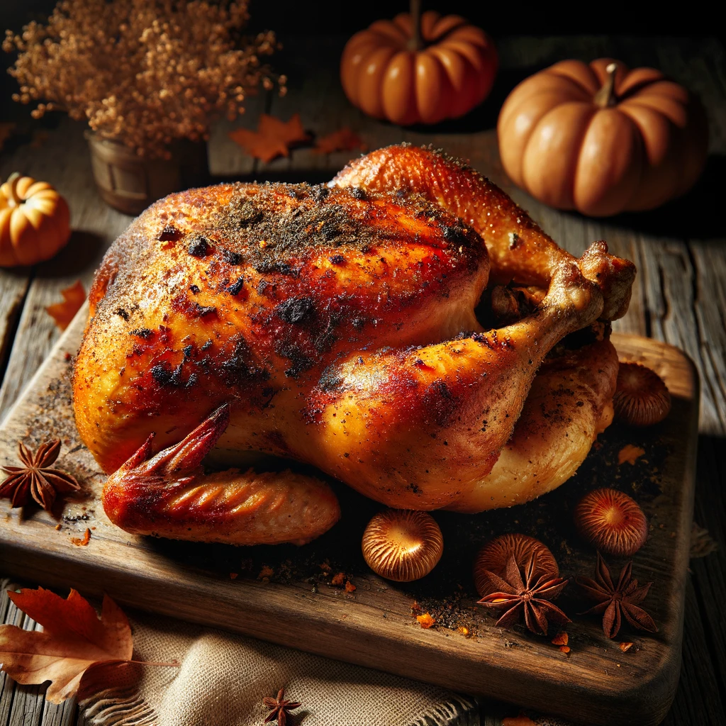 Poulet rôti à la peau croustillante à la poudre de trompettes de la mort, présenté sur une planche en bois rustique évoquant la chaleur et le délice culinaire automnal.