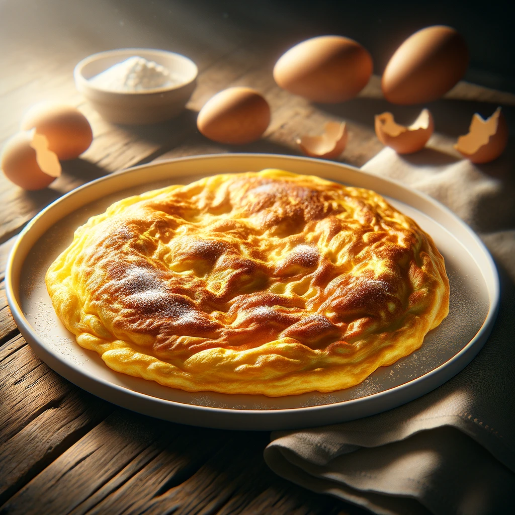 Une omelette moelleuse et dorée, à la poudre de cèpes, repose sur une assiette en céramique blanche, placée sur une table en bois au charme rustique. L'ajout de poudre de cèpes enrichit l'omelette d'une saveur profonde et complexe, transformant un plat classique en une expérience culinaire raffinée.