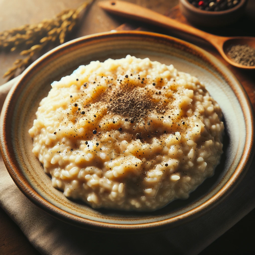 Assiette élégante de risotto onctueux à la trompette de la mort en poudre de Garoulia, incarnant la simplicité et l'élégance dans un cadre de restauration chaleureux et rustique.