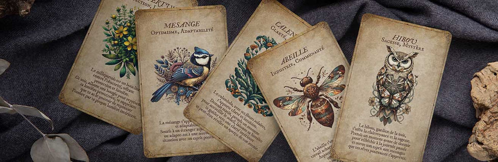 Cette image montre 5 cartes faisant partie de l'Oracle les Gardiens de Garoulia
