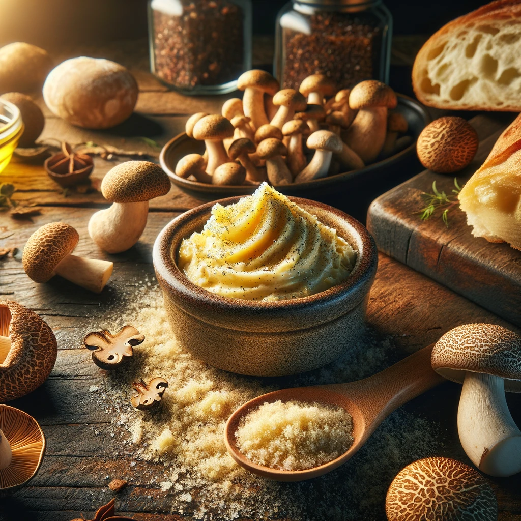 Sur une table en bois se trouve un bol contenant du beurre maison a la poudre de cèpes. À côté, des tranches de pain fraîchement cuit et des légumes rôtis attendent d'être dégustés. Ce beurre, riche et crémeux, rehaussé par les nuances terrestres de la poudre de cèpes, promet de transformer chaque bouchée en un délice gourmet.
