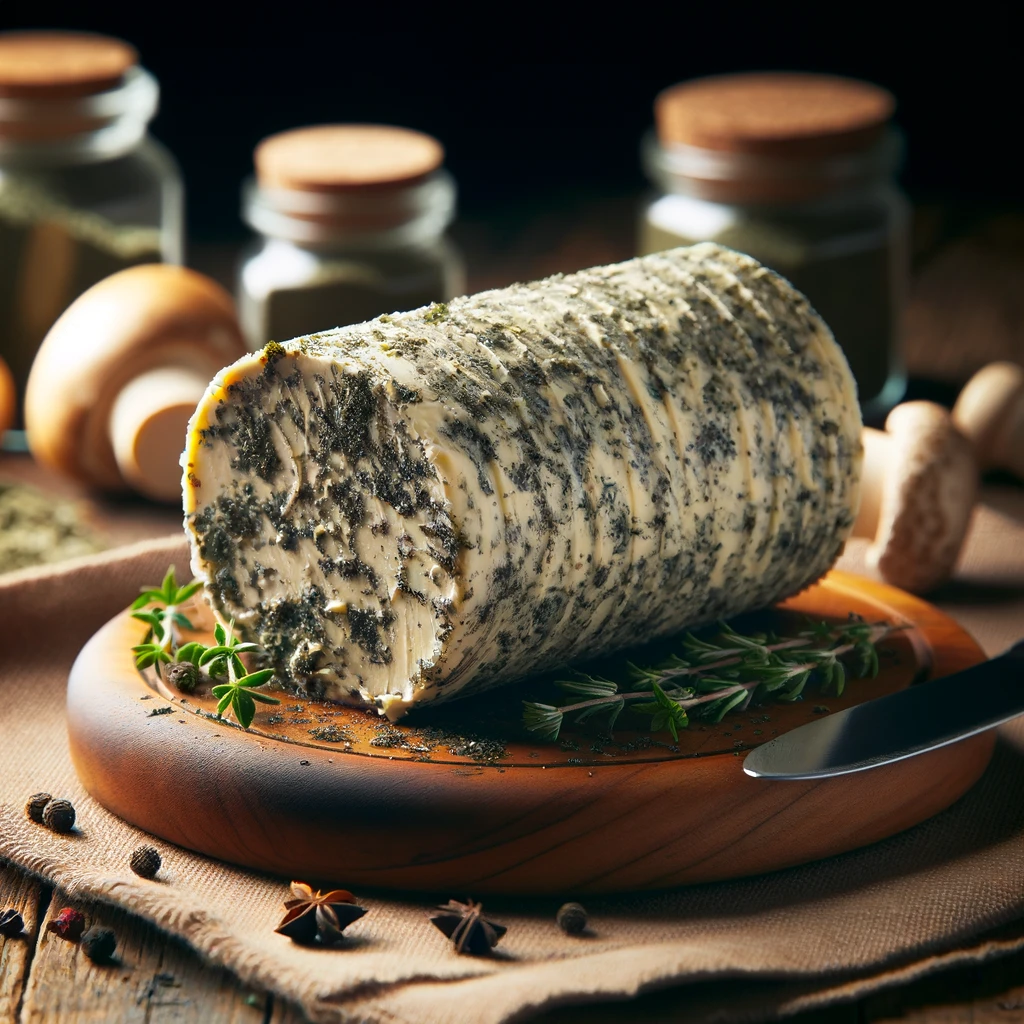 Beurre maison aux herbes et à la poudre de trompettes de la mort, parfaitement mélangé et présenté en rouleau sur une planche en bois, capturant l'essence de la cuisine gastronomique maison pour une expérience culinaire pleine de saveurs.