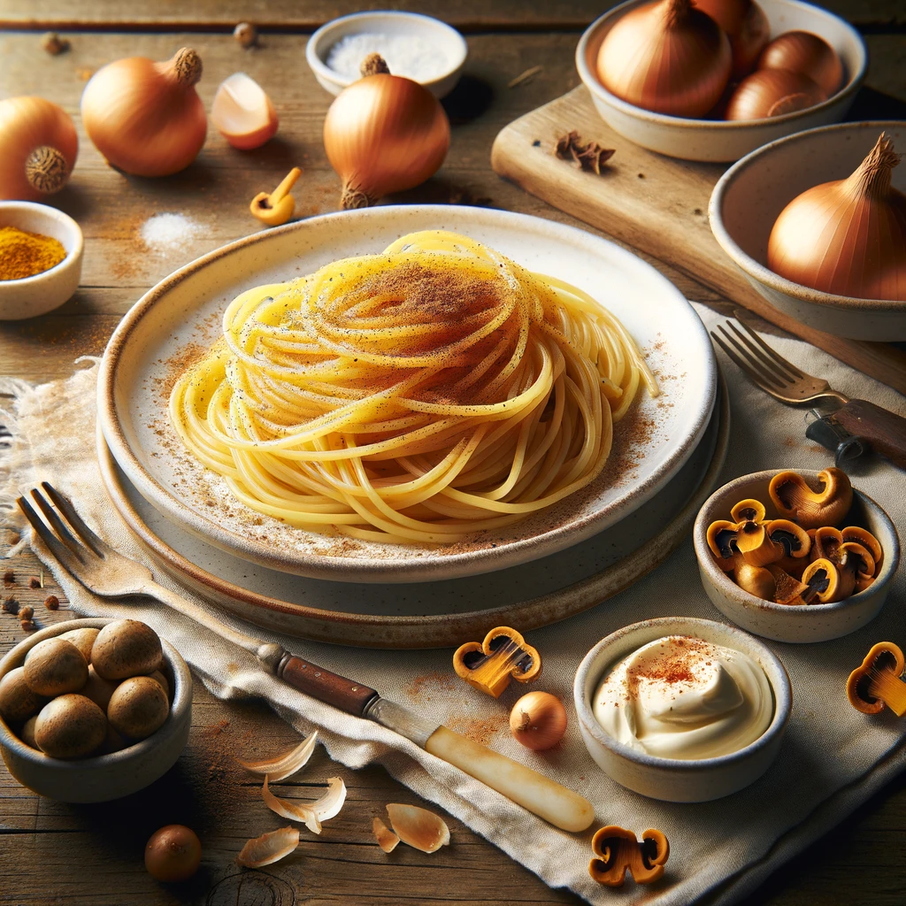 Une assiette de spaghetti doré nappée d'une sauce crémeuse à la poudre de cèpes est présentée sur une table en bois rustique. La poudre de cèpes ajoute une touche subtile d'arôme boisé et terrestre au plat, évoquant la sophistication dans un cadre simple et accueillant.