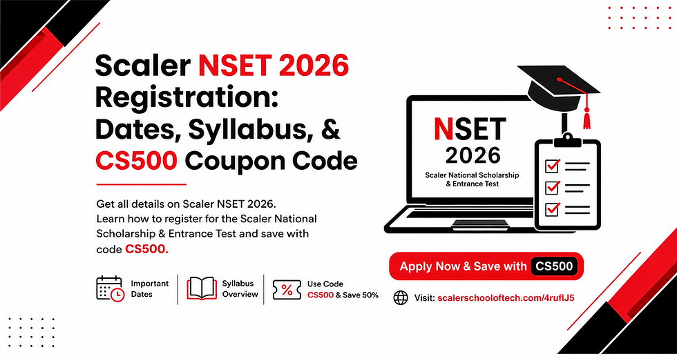 Scaler NSET 2026 Registration Dates Syllabus and CS500 Coupon Code Banner