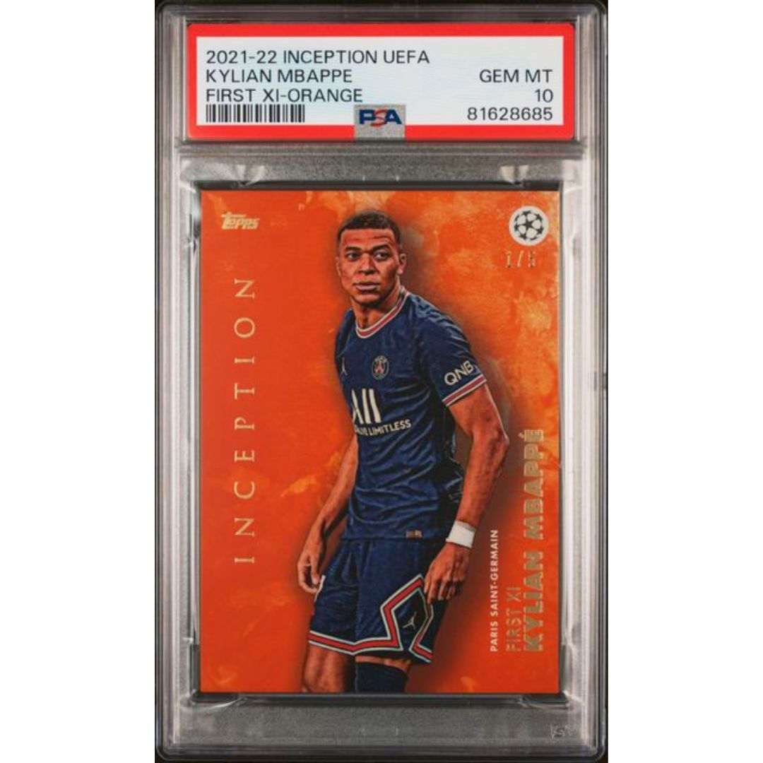 2021-22 Topps Inception Kylian Mbappe First XI /5 Orange PSA 10 - Gold Cup Cards - Football Soccer Cards