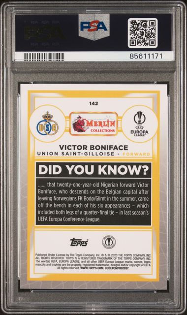 Thumbnail: 2022-23 Merlin Chrome UCC #142 Victor Boniface RC Rookie Purple Wave #/15 PSA 9 - Gold Cup Cards - Soccer Cards