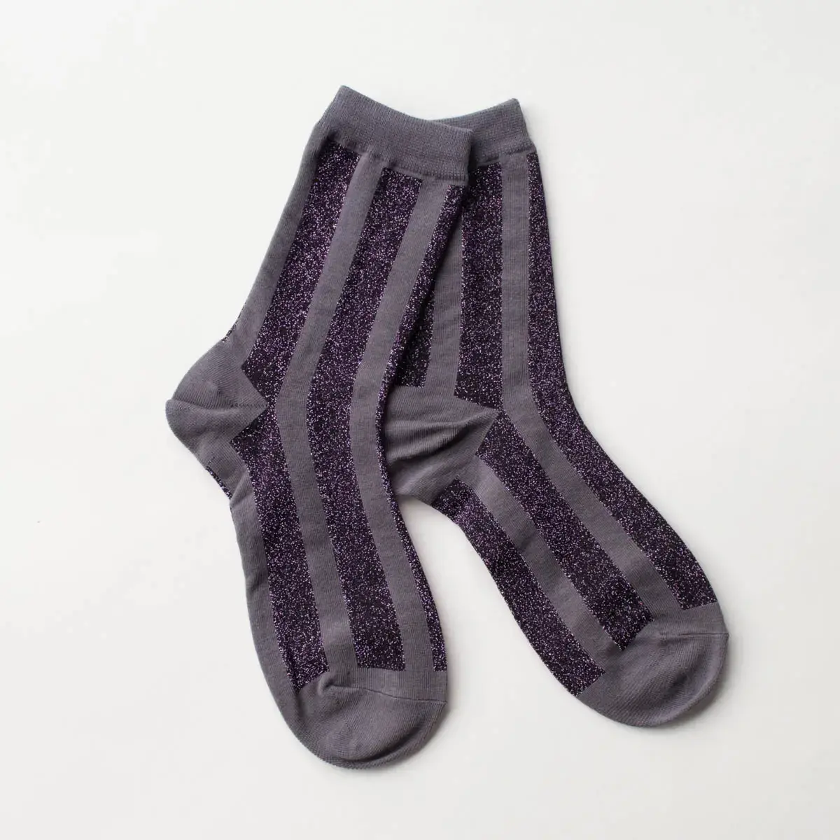Glitter Vertical Striped Crew Socks-Grey/Purple