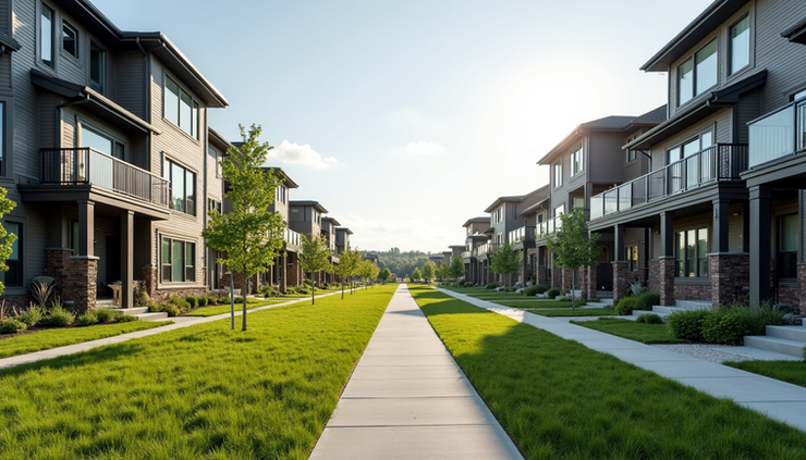 Eye-level view of a modern Calgary residential neighborhood with new homes and green spaces
