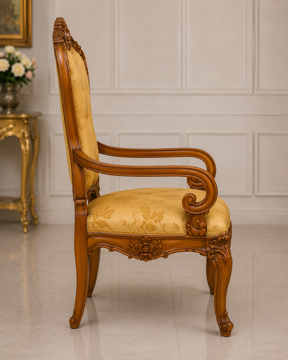 Royal wooden room chair side profile with handcrafted carving details