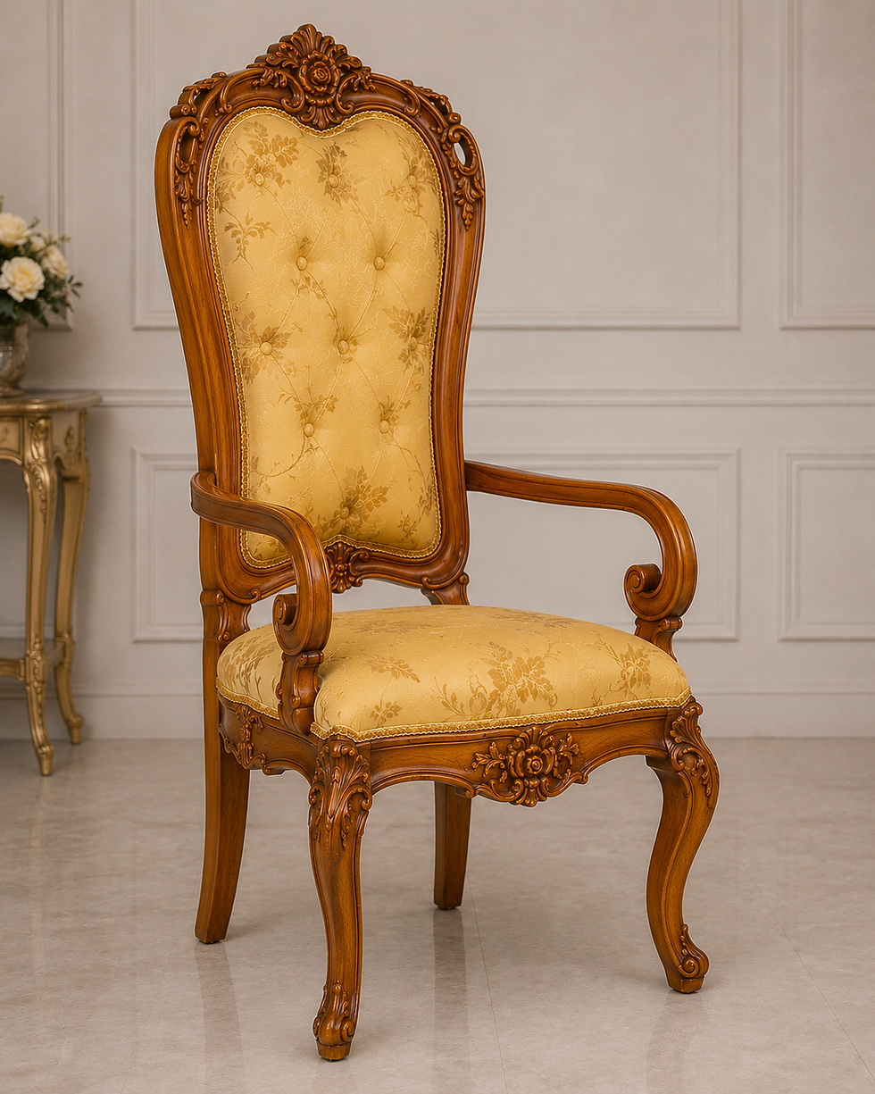 Hand carved luxury room chair with upholstered backrest by Star Furniture Saharanpur