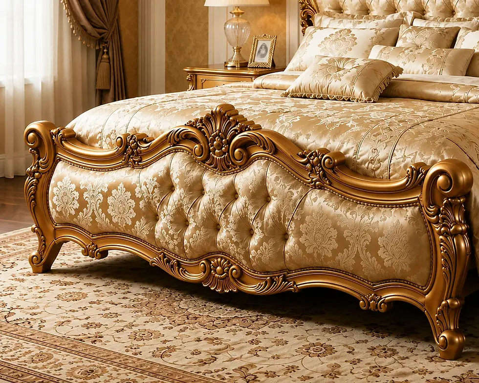 Thumbnail: Carved teak wood footboard on upholstered bed