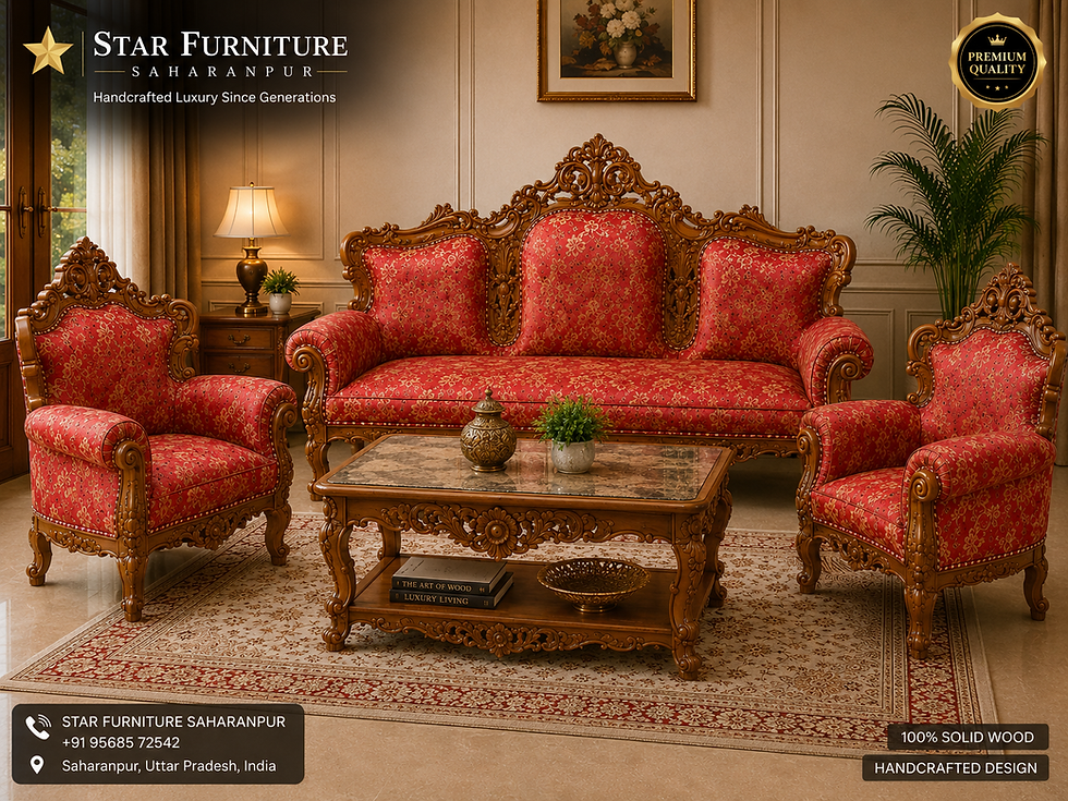 Royal teak wood carved sofa set with marble center table handcrafted by Star Furniture Saharanpur