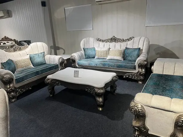 Luxury Royal Handcrafted Carved Sofa Set with Blue Upholstery Installed at Customer Home by Star Furniture Saharanpur